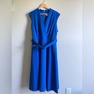 CALVIN KLEIN V-Neck Belted Midi Dress Short Sleeve Size 16 Blue Career Work